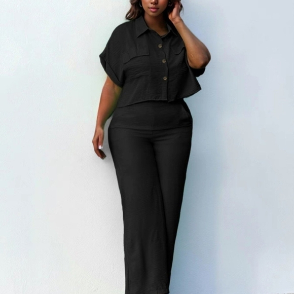 Pants - Woman 2pc Short Sleeve Button Front Crop Blouse High Waist Trouser with Pocket